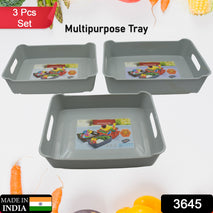 3645 Multipurpose Organising  Storage Plastic Tray  Fruit  Vegetable Multi Purpose Tray Organizer For Kitchen Countertop Cabinet Bathroom Plastic Storage Basket For Store Fruits Vegetables Magazines Cosmetics Stationary Set Of 3