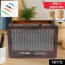 Wooden Money  Piggy Bank Money Box (1 Pc  4 Sketch Pen)